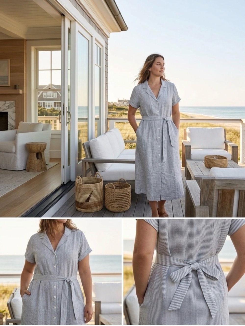 Quince Light Gray Striped Midi Shirt Dress